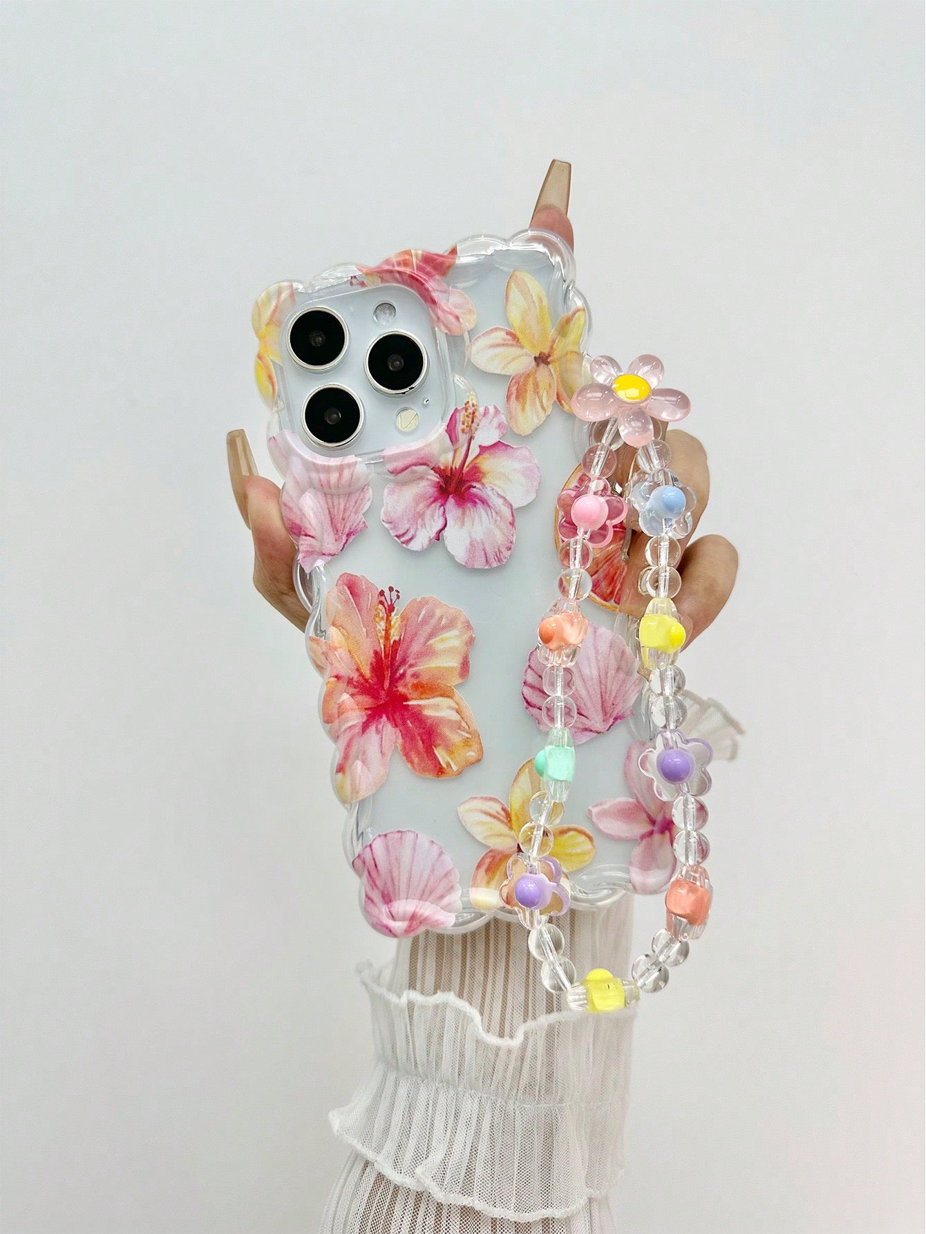 Floral Print Clear Case with beaded Lanyard