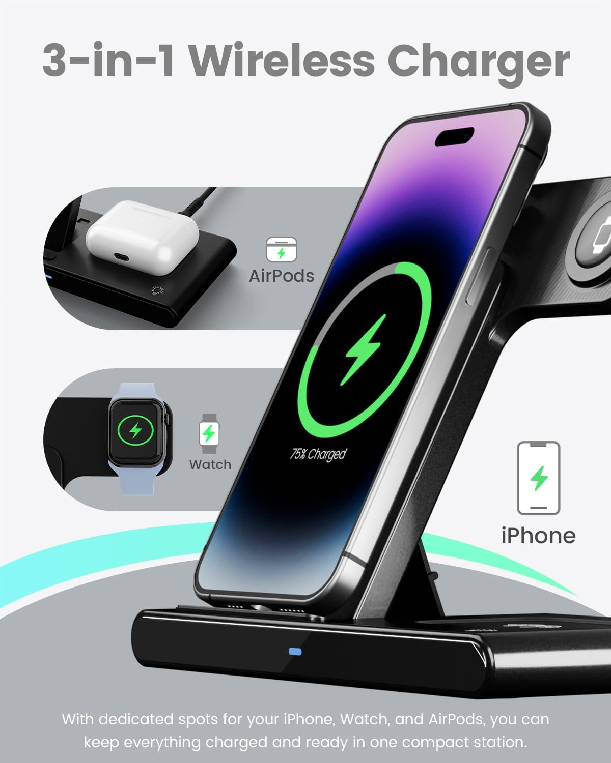 3 in 1 Charger Station for iPhone, Apple Watch and AirPods