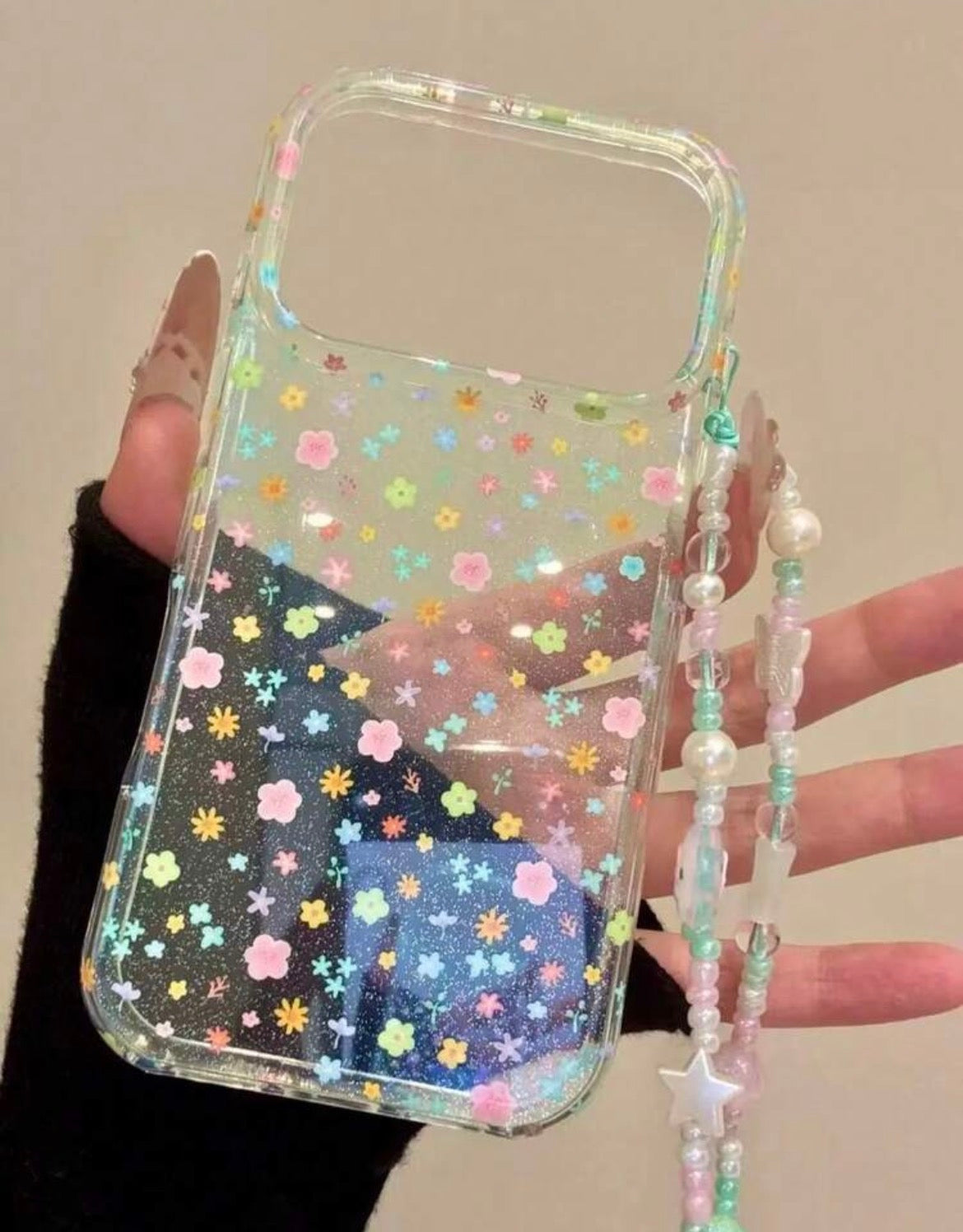 Floral Print Clear Case with beaded Lanyard