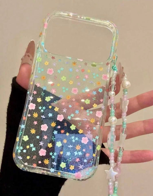 Floral Print Clear Case with beaded Lanyard
