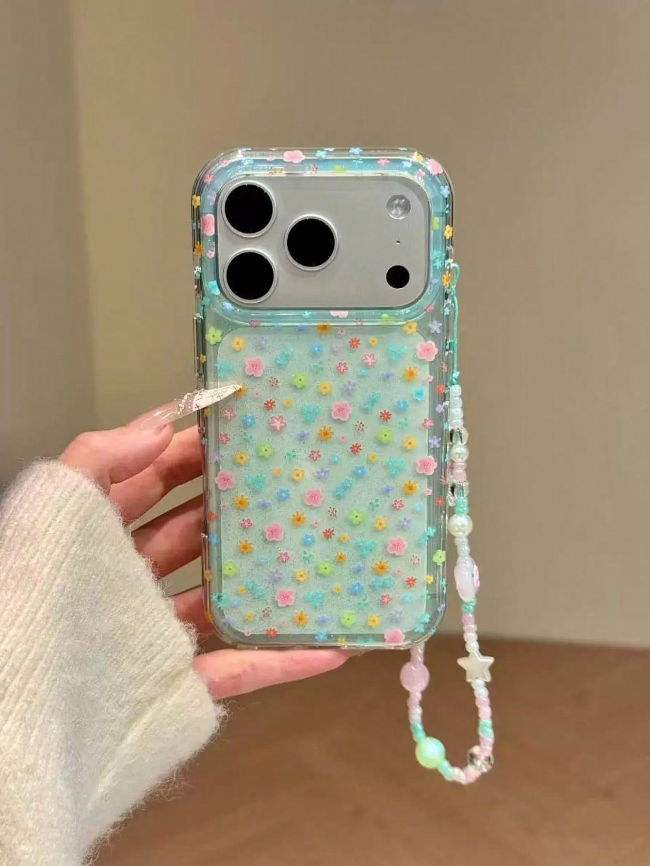 Floral Print Clear Case with beaded Lanyard